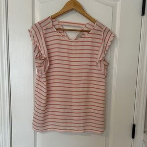LOFT Pink and White Striped Short Sleeve Top